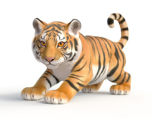 Fototapeta premium A tiger crouches low on the ground in a natural outdoor environment.