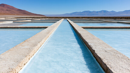 Fototapeta premium Vibrant Blue Ponds and Concrete Channels in a Desolate Landscape Under Clear Sky, Panoramic View of Geothermal Basins