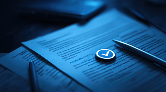 Close-up of a signed contract document under dramatic blue lighting with a pen and a glowing check mark icon stamp