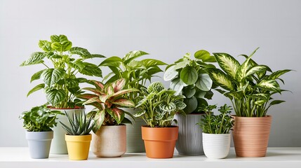 Fototapeta premium Bright green plants in colorful pots lined on a shelf.