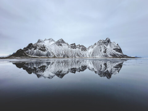 Vestrahorn mountain, Stokksnes Iceland, Winter reflection on the lake, peaceful landscape