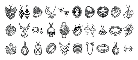 Fototapeta premium Set of diverse hand drawn jewelry and accessory icons for fashion applications and mystical themed graphic projects