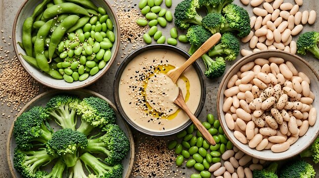 Variety of healthy plant based protein sources with broccoli and beans