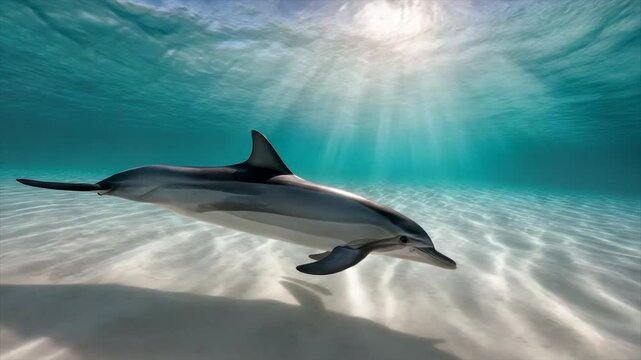 A dolphin swims underwater, sunlight streams, sandy bottom, clear water