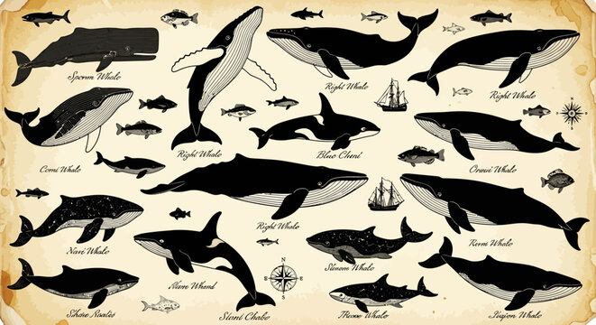Vintage whale species identification chart, antique nautical marine life illustration, retro sea mammal silhouettes on aged parchment paper vector