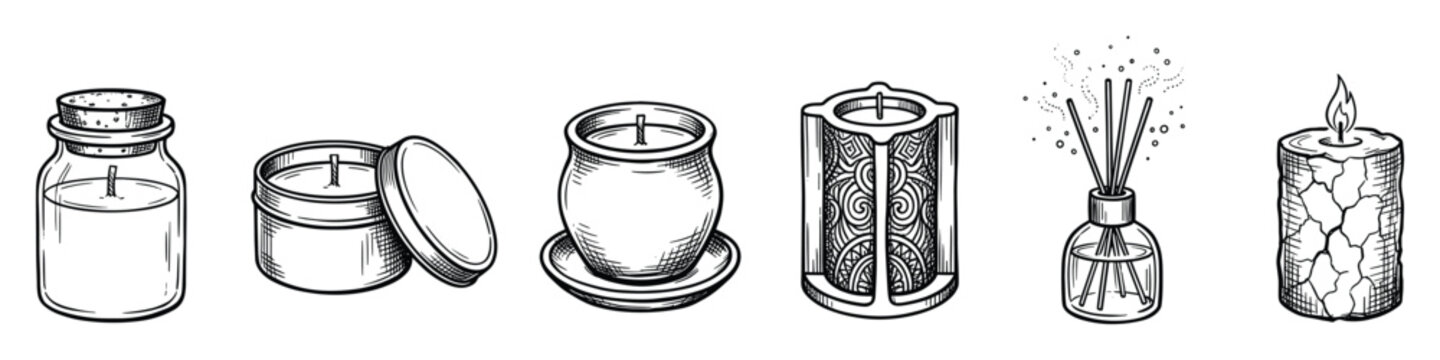 Set of sketch style home fragrance items like jar candles, tin candles, pillar candle, and aroma diffuser for spa, relaxation, and cozy atmosphere branding