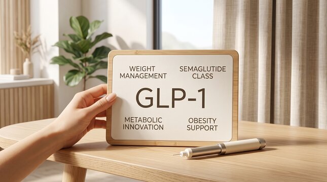 A hand holding a wooden sign presenting medical information about glp 1 weight management therapy and metabolic innovation in a bright indoor room setting