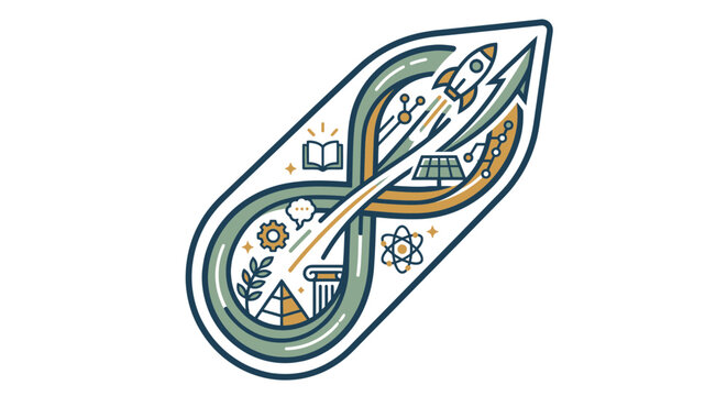STEM Education Concept: Rocket Launch, Atom, Solar Panel, Book, Ancient Column