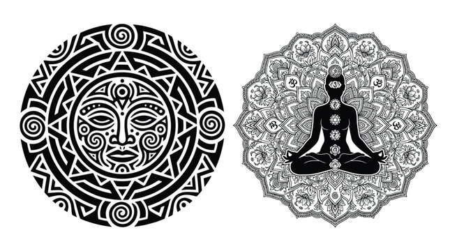 Floral mandala patterns with sun face and meditating figure black and white