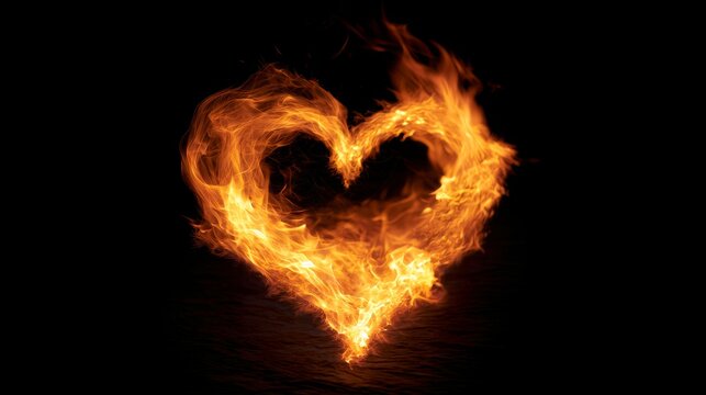 Abstract fire heart illuminating the dark background, glowing flame shape symbolizing love, passion, energy and emotional power with a dramatic creative design concept