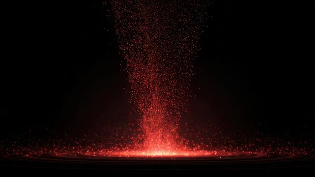 Red particles cascade from above in a dark void, illuminating a circular area