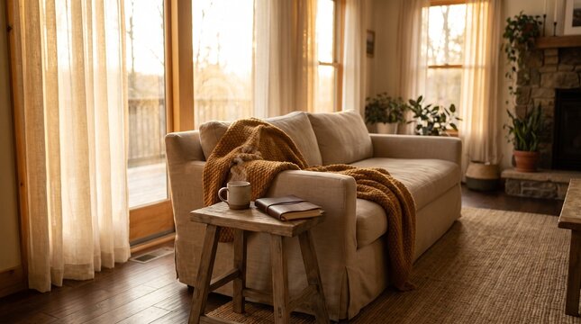 Cozy living room features a soft beige sofa draped with a knitted blanket next to a rustic wooden side table