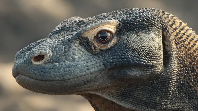 Close-up of a reptile's head, showcasing intricate scales and detailed eye