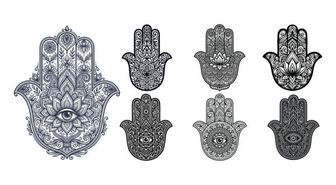 Hamsa Hand Illustrations With Floral Ornamentation Black And White Vector Designs
