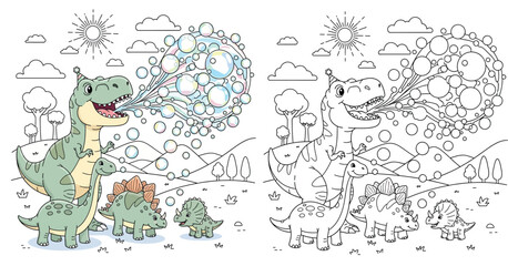 Cheerful Dinosaurs Celebrating with Bubbles - Fun and Playful Prehistoric Scene © MstSangita
