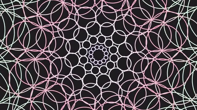 Abstract background featuring a complex geometric pattern of overlapping circles in pink and white.