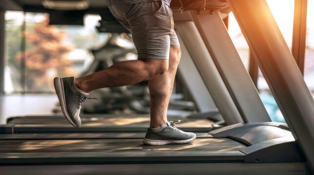 Man running on treadmill in modern gym, fitness exercise concept showing healthy lifestyle, cardio training, endurance workout and active sports routine with indoor athletic environment