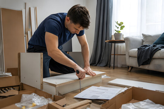 Man Assembling Flat Pack Furniture In Apartment Living Room During Realistic Everyday Home Improvement Routine