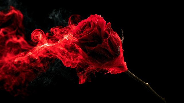 Red rose wrapped in swirling smoke on black background, dramatic floral concept showing beauty, mystery, elegance and artistic atmosphere with vibrant color contrast and creative design