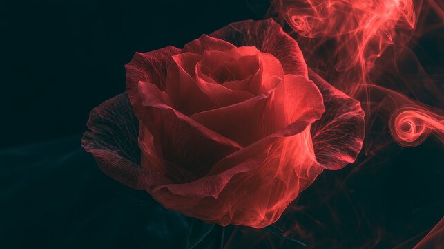 Red rose wrapped in swirling smoke on black background, dramatic floral concept showing beauty, mystery, elegance and artistic atmosphere with vibrant color contrast and creative design