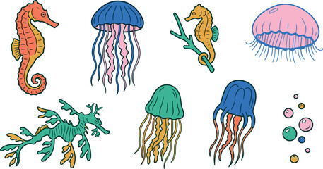 Sea life vector set featuring hand drawn seahorse jellyfish and leafy seadragon illustrations with underwater bubbles © Honey Qween!