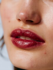 Fototapeta premium Close-up of woman lips with glossy red lipstick. Smooth skin around nose and mouth