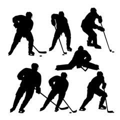 Obraz premium Ice hockey player silhouettes set, professional hockey athletes in action poses, black vector goalie and skater figures for sports design