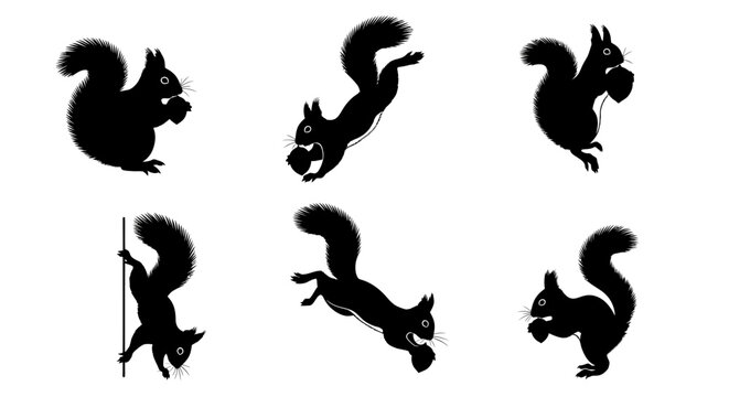 Black squirrel silhouette collection, set of 6 wild animal vector icons, jumping and sitting squirrels with acorns, forest wildlife graphics