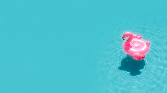 A pink flamingo floatie swims on calm turquoise water background with ripples.