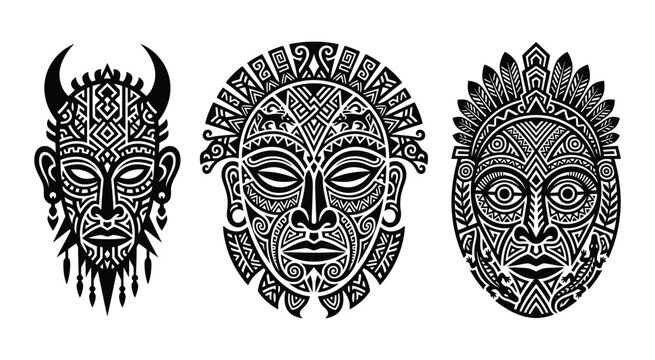 Polynesian style mask designs black vector illustration on a white background
