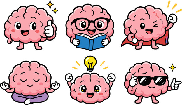 Cute brain cartoon character set vector illustration. Happy smart brain mascot reading, thinking, meditating, and posing in different emotions isolated on white background