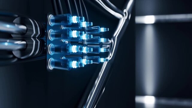 Glowing blue liquid pulses through scientific vials and conduits within a high-tech facility. Dark metallic surfaces reflect the cool light as data or energy flows through the complex system.
