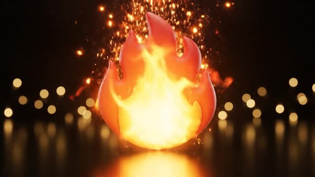 Burning fire emoji with happy face and sparkling lights