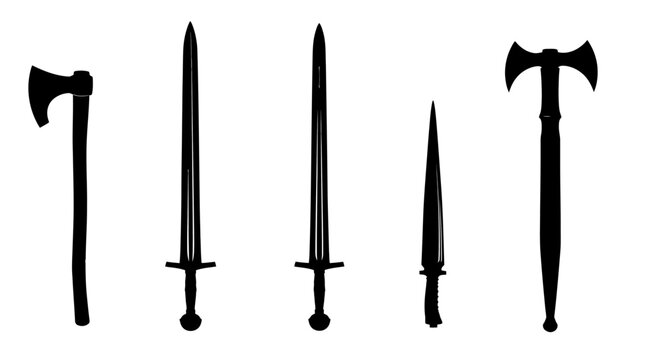 Medieval weapon silhouettes set, black ancient sword and battle axe icons, historical steel blade and dagger vector collection