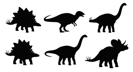 Obraz premium Dinosaur silhouette collection, prehistoric animal vector set with 6 elements, black jurassic creature icons for educational graphics and logos