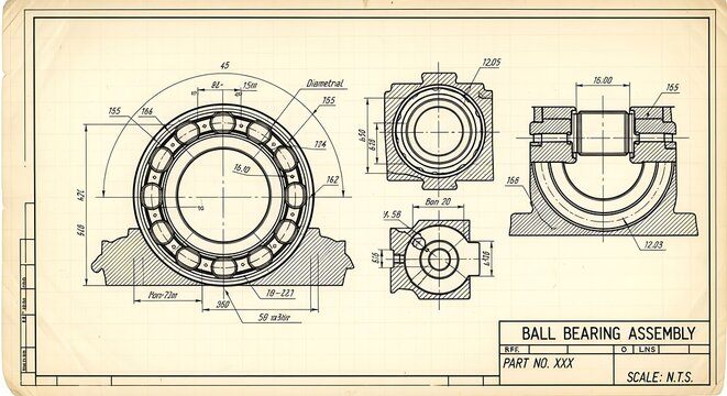 Vintage Ball Bearing Assembly Technical Drawing on Aged Engineering Blueprint