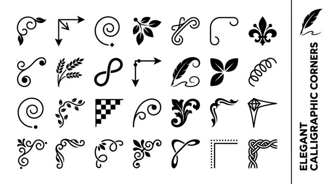 Diverse collection of elegant calligraphic corner silhouettes, perfect for adding sophisticated decorative flair to design projects, borders, and invitations
