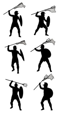 Ancient Roman gladiator silhouettes set, retiarius and secutor warriors with trident and net, 6 vector icons of antique fighters in combat poses
