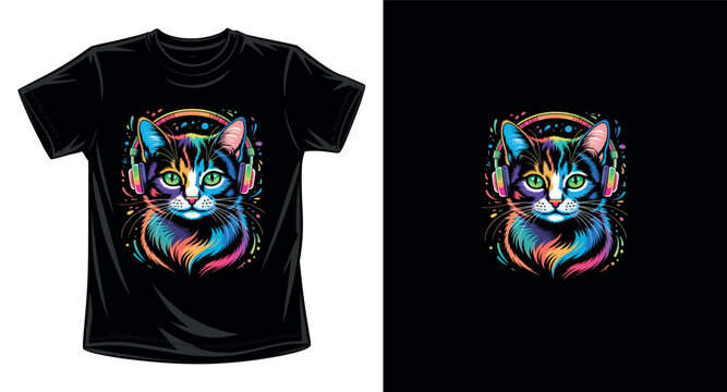 Colorful neon cat with headphones vector illustration for creative t-shirt printing and music concept.
