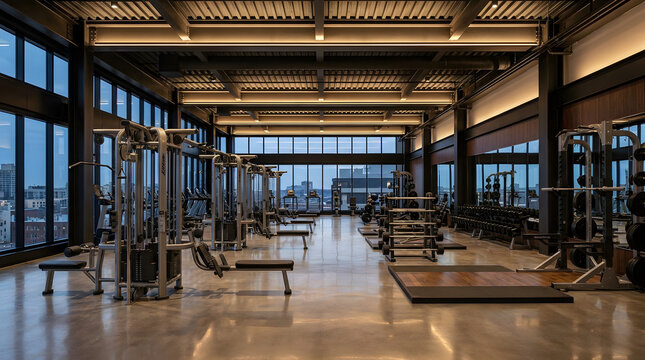 Professional gym facility with industrial ceiling and expansive windows overlooking urban scenery.