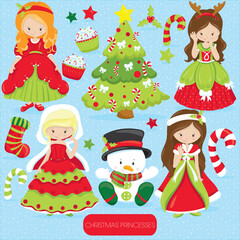 Fototapeta premium Christmas princesses with red and green dresses, a christmas tree and other decorations