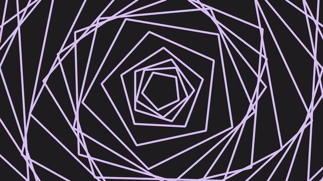 Abstract background with rotating pentagon shapes in light purple lines on a dark background.