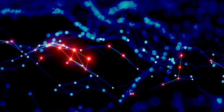 Abstract digital network connection glowing red nodes dark blue background modern technology communication futuristic science cyber security system concept 3d rendering