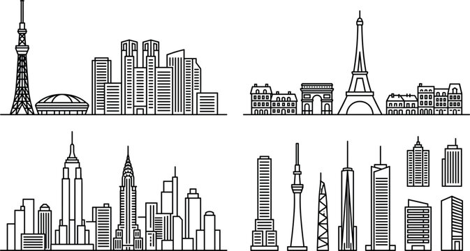 Global City Skylines and Famous Landmarks Line Art Vector Set with New York Paris Tokyo Buildings and Skyscrapers for Travel and Tourism Designs