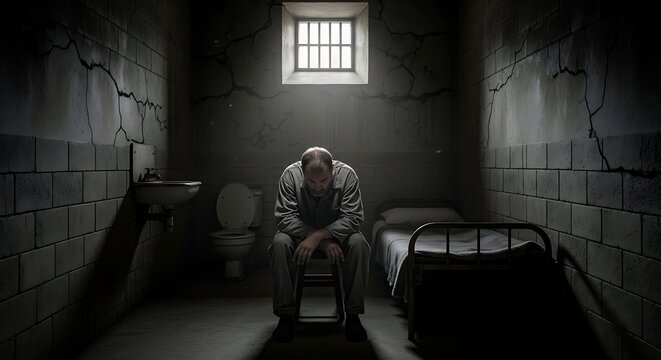 Lonely Prisoner Sitting on Stool in Dark Cracked Jail Cell