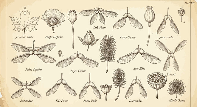 Vintage botanical illustration of seeds and pods, antique hand drawn plant elements on aged paper, collection of 20 engraved floral vector icons