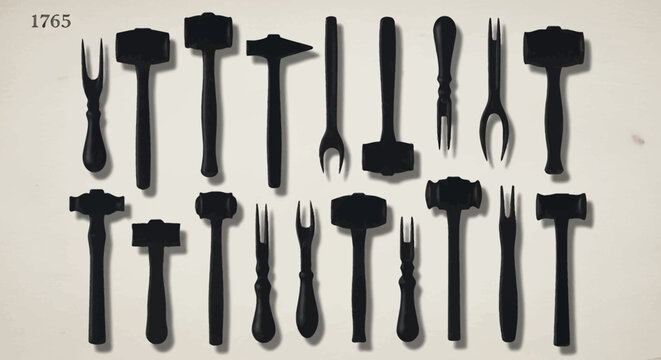 Vintage blacksmith tools silhouettes, antique hammer and mallet collection, 1765 historical workshop equipment vector set for industrial design