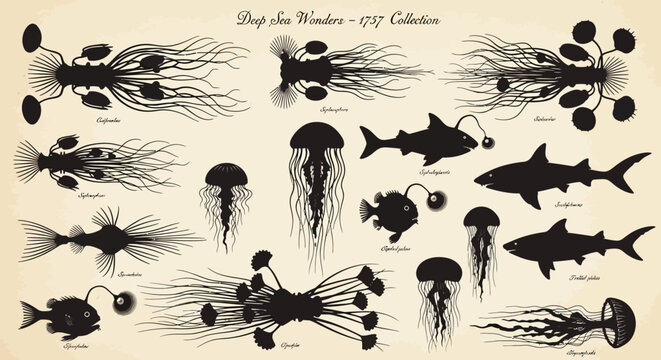 Vintage deep sea wonders collection, 1737 biological illustration vector set, antique marine life silhouettes of jellyfish and anglerfish