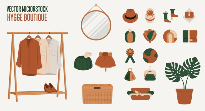 A collection of hygge boutique items including a clothing rack with shirts and shoes, a round mirror, various hats, bags, brooches, boots, a globe, and a potted monstera plant.