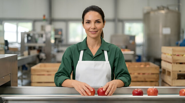 Smiling Female Worker Sorting Apples on Conveyor Belt in Factory